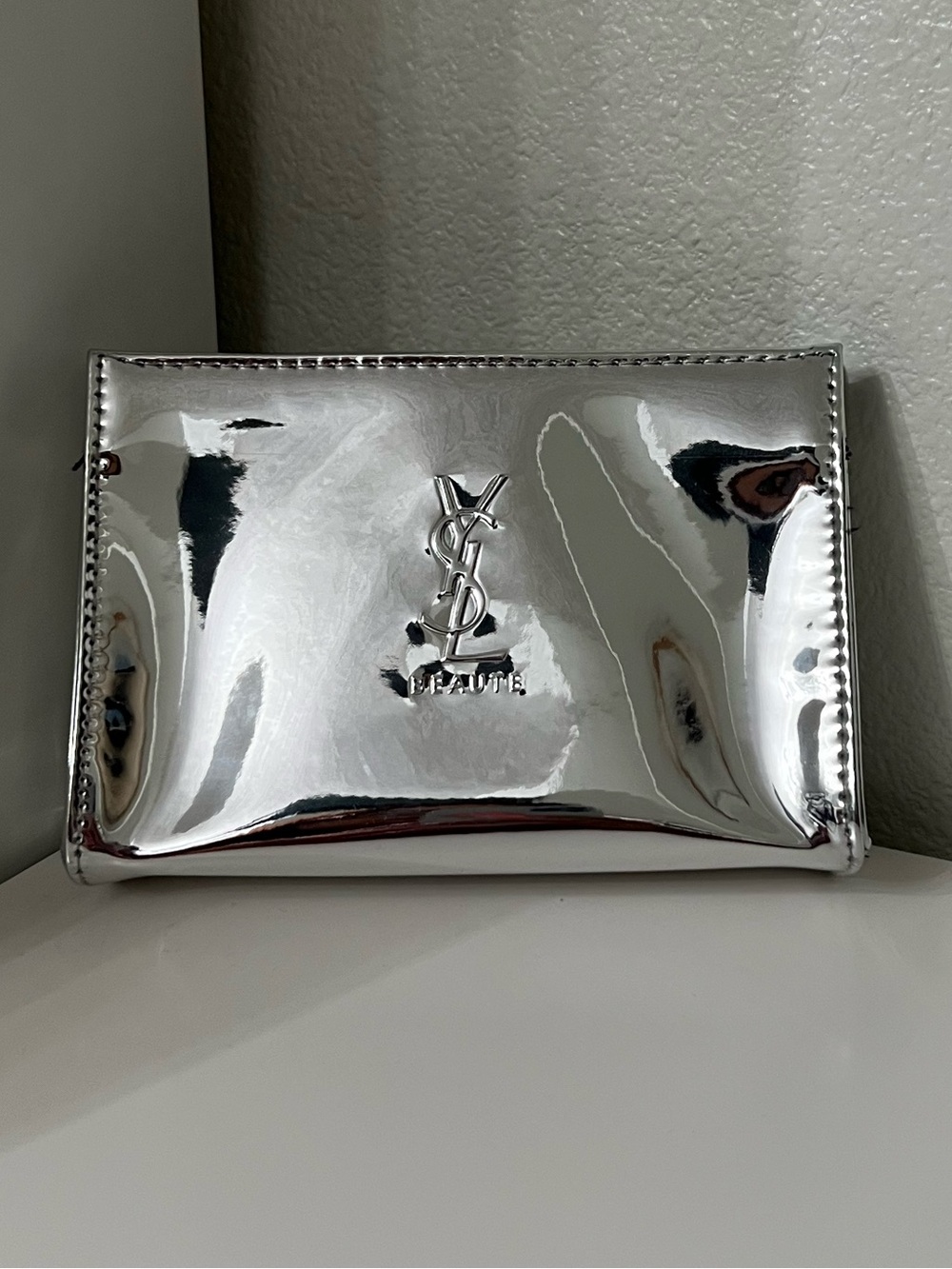 New Yves Saint Laurent Silver Metallic Cosmetic small Pouch